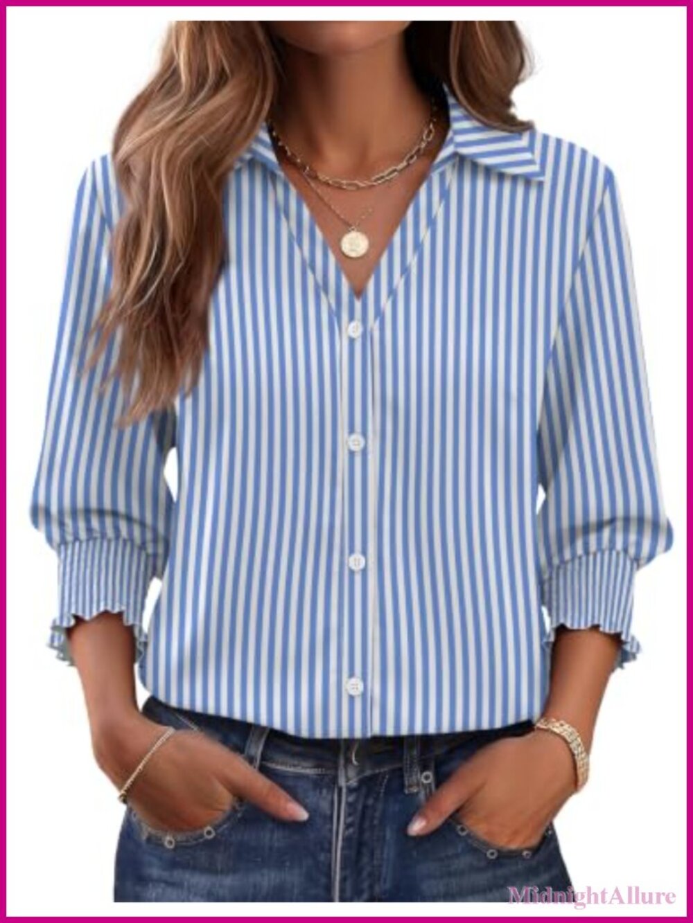 Women's 3/4 Sleeve Button Down Shirt Cotton Blend V-Neck Lapel Collar Blouse